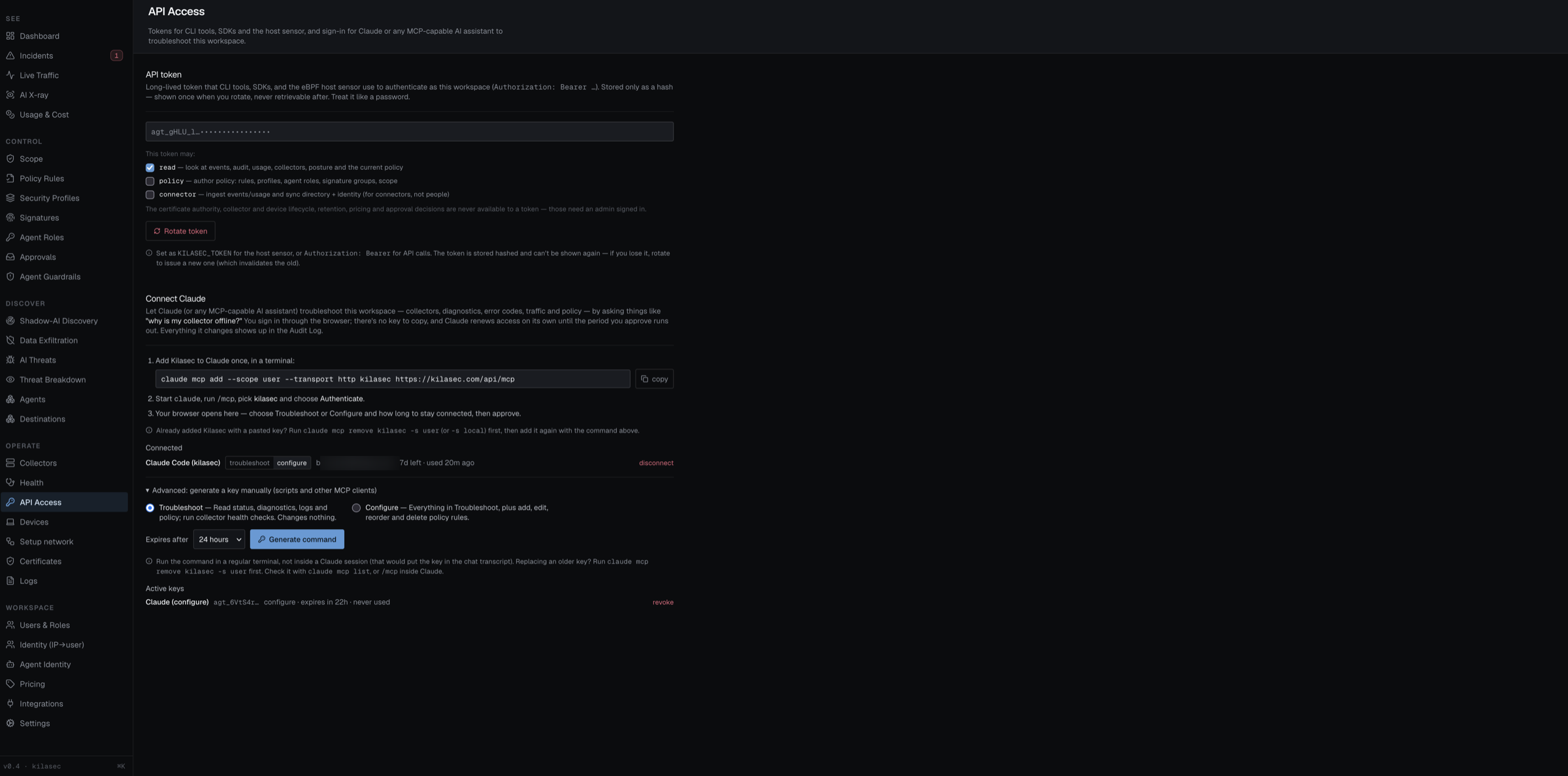 API Access page — API token and Connect Claude