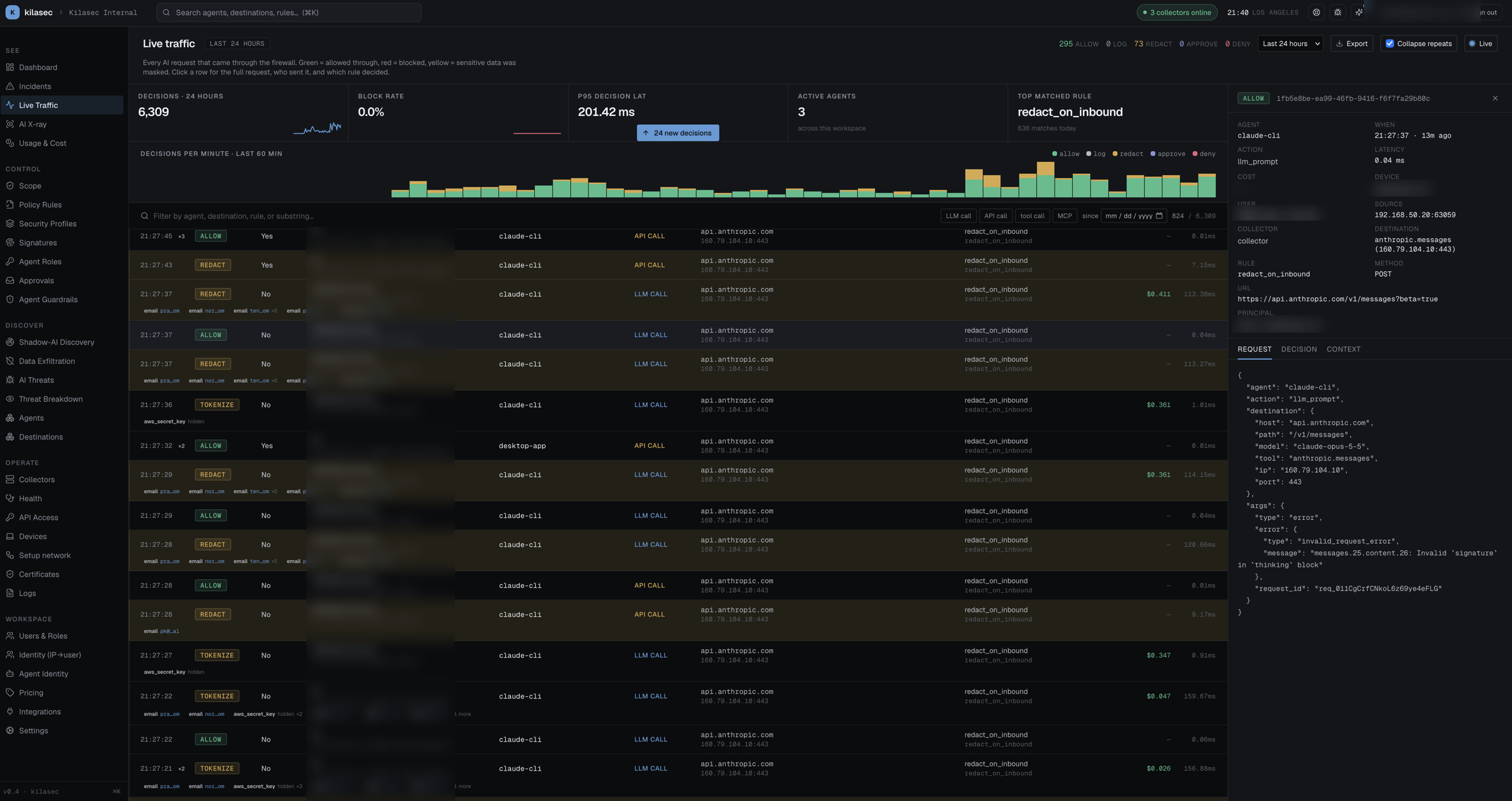 Live Traffic page with rows + drawer open